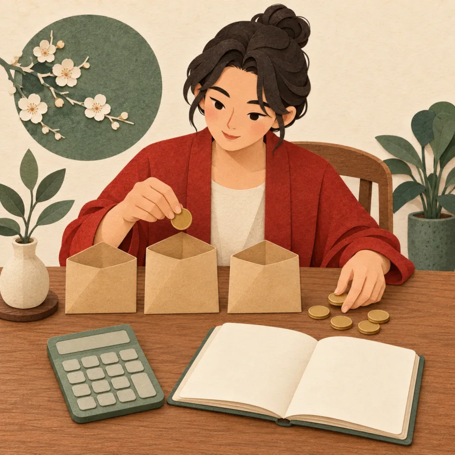 A person sorts coins into envelopes at a desk