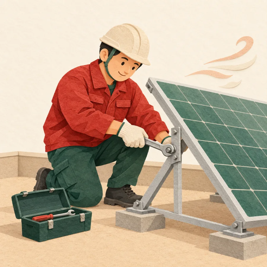 A workman secures a bracket holding a solar panel