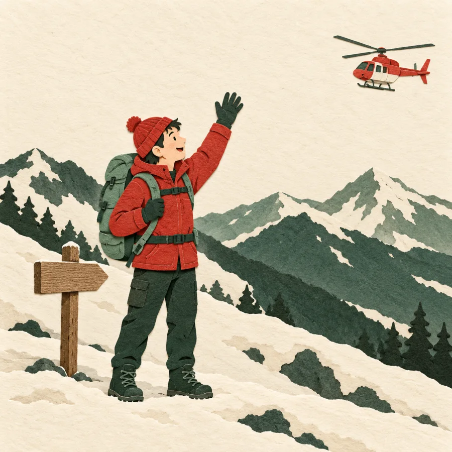 A hiker waves at a rescue helicopter on a snowy slope