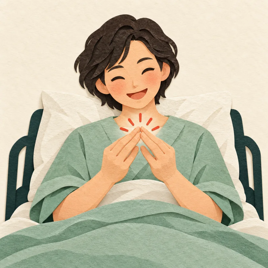A patient on a bed touches their fingers as feeling returns to the hand