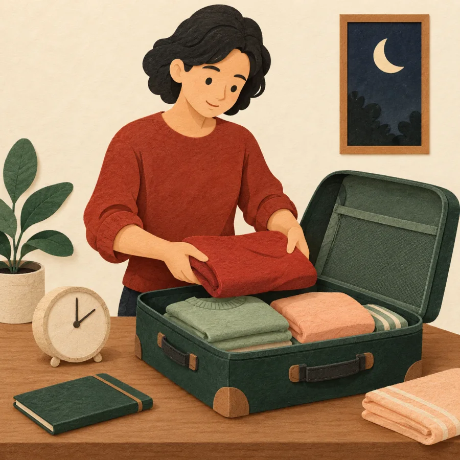 A traveler packs a suitcase the night before a trip, with a clock nearby