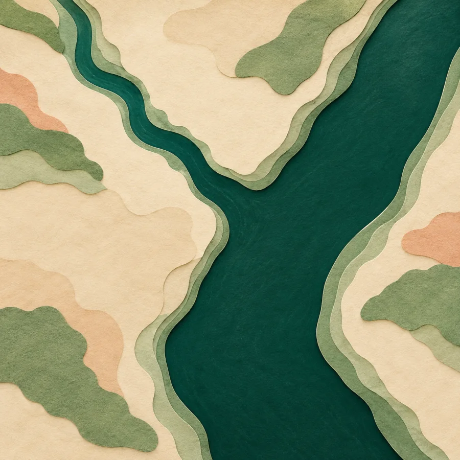 A narrow dark green stream joins a wide river
