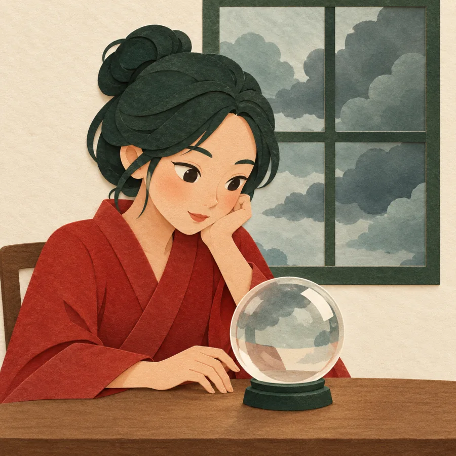 A person gazes into a crystal ball as dark clouds gather outside