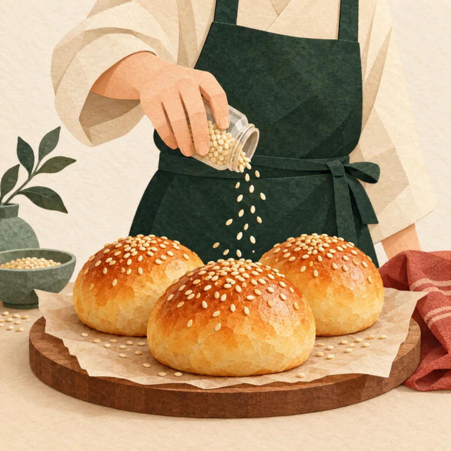 A cook sprinkles tiny seeds over warm buns on a sandy table