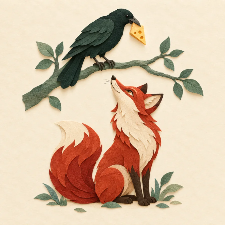 A crow holds cheese on a branch while a fox looks up
