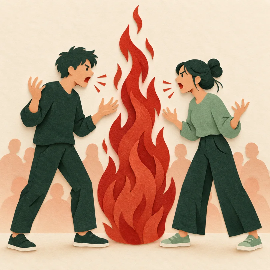 Two people arguing with a small flame rising between them