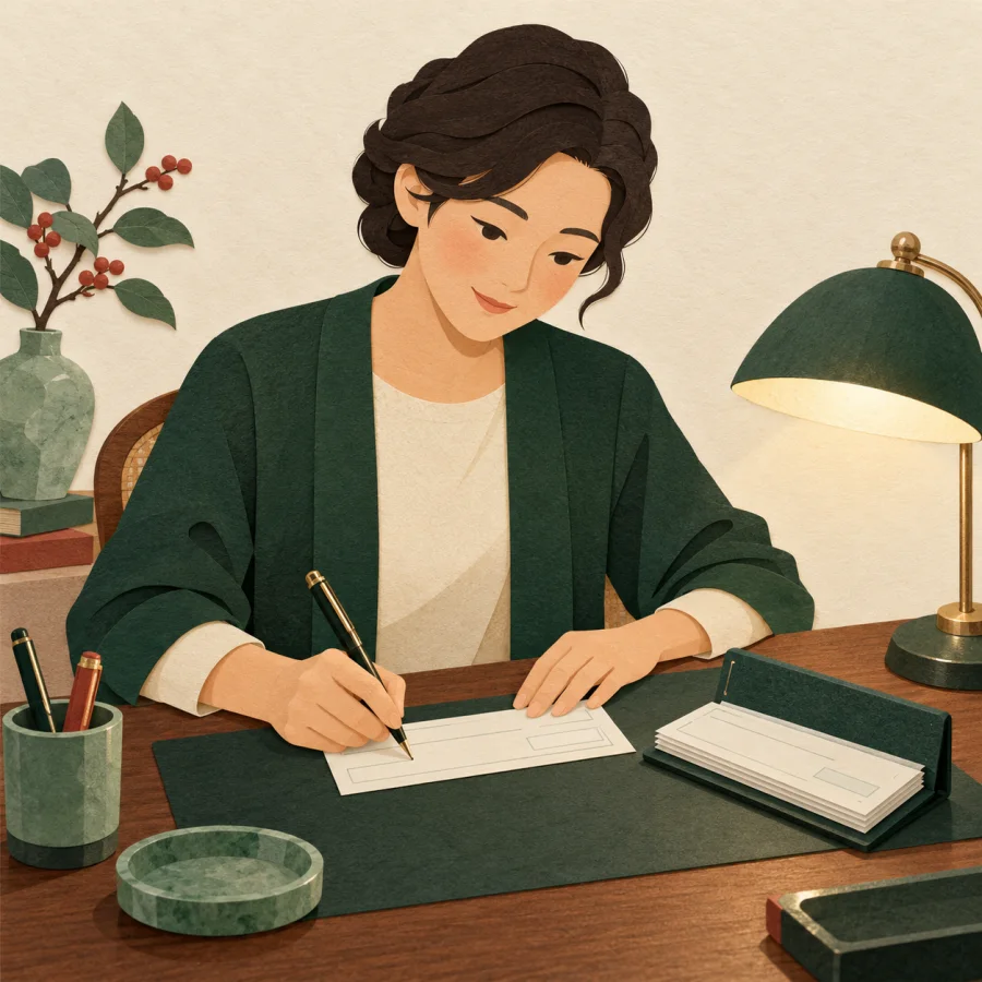 A person fills in a paper cheque with a pen at a desk