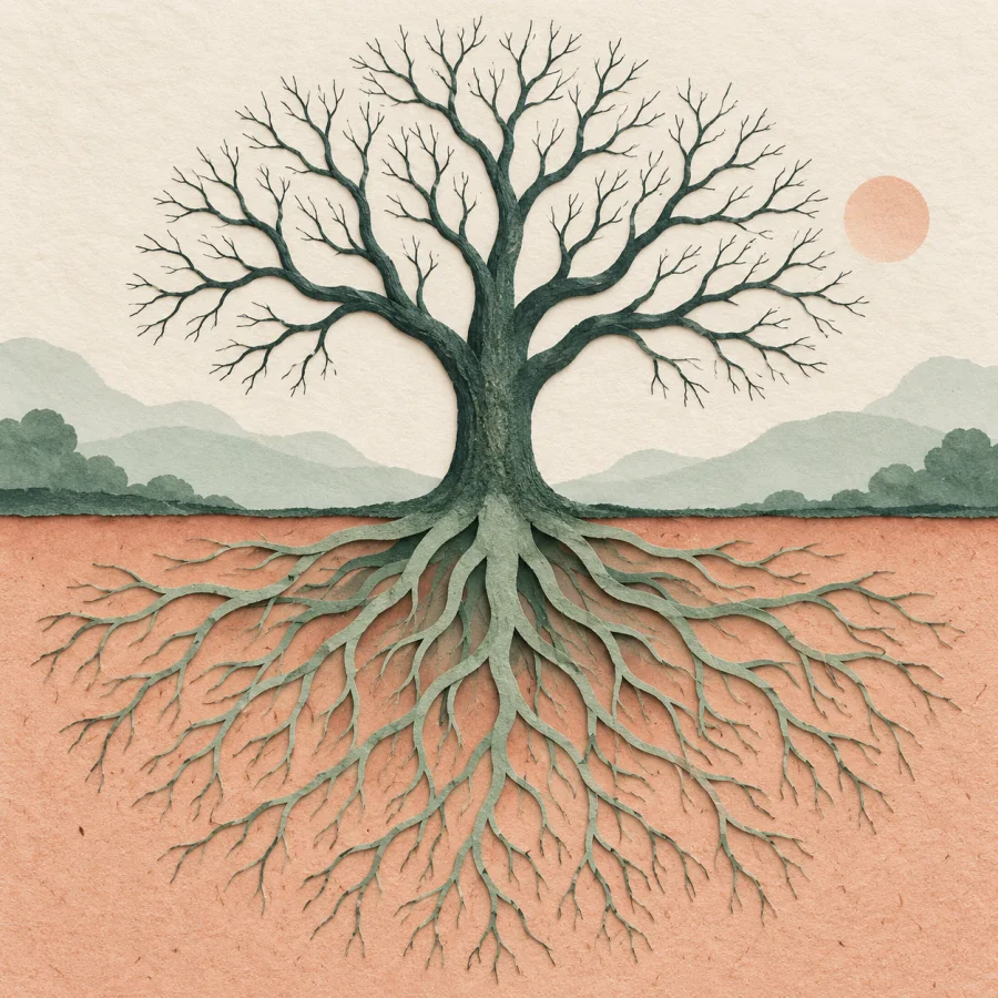 A tree above ground with large roots shown beneath the soil