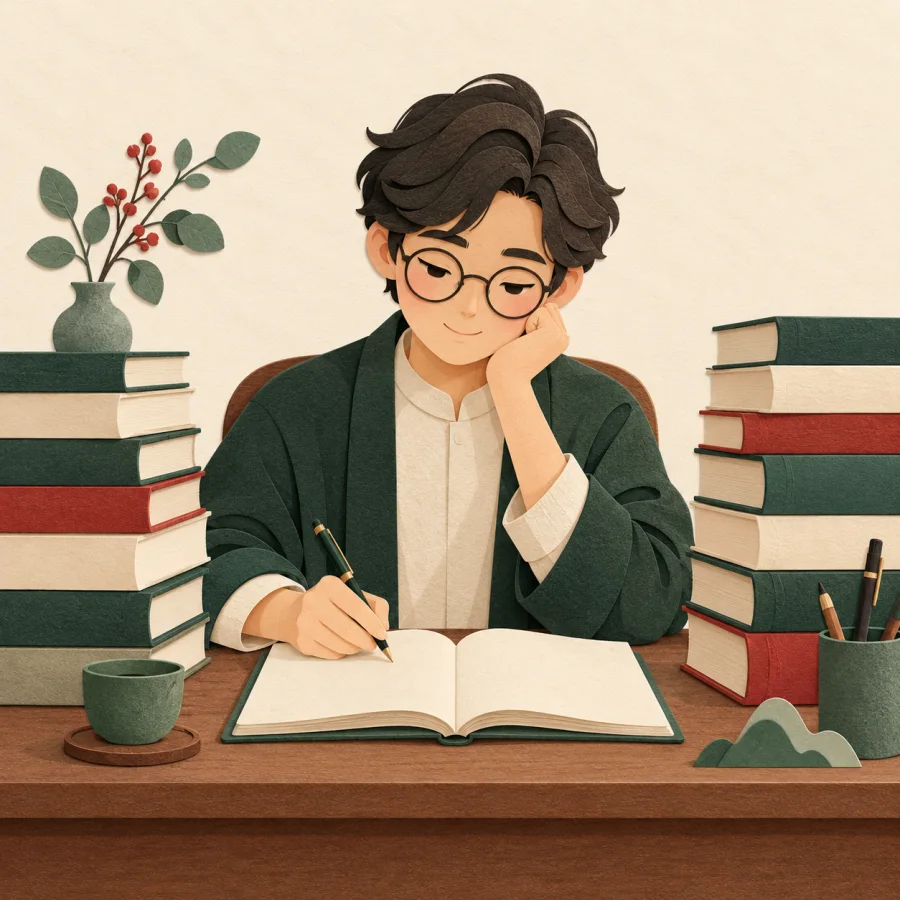 A bespectacled person writes an article at a desk with books