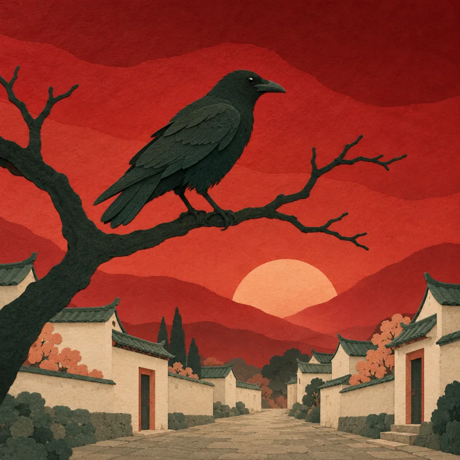 A crow on a bare branch under storm clouds above a quiet village
