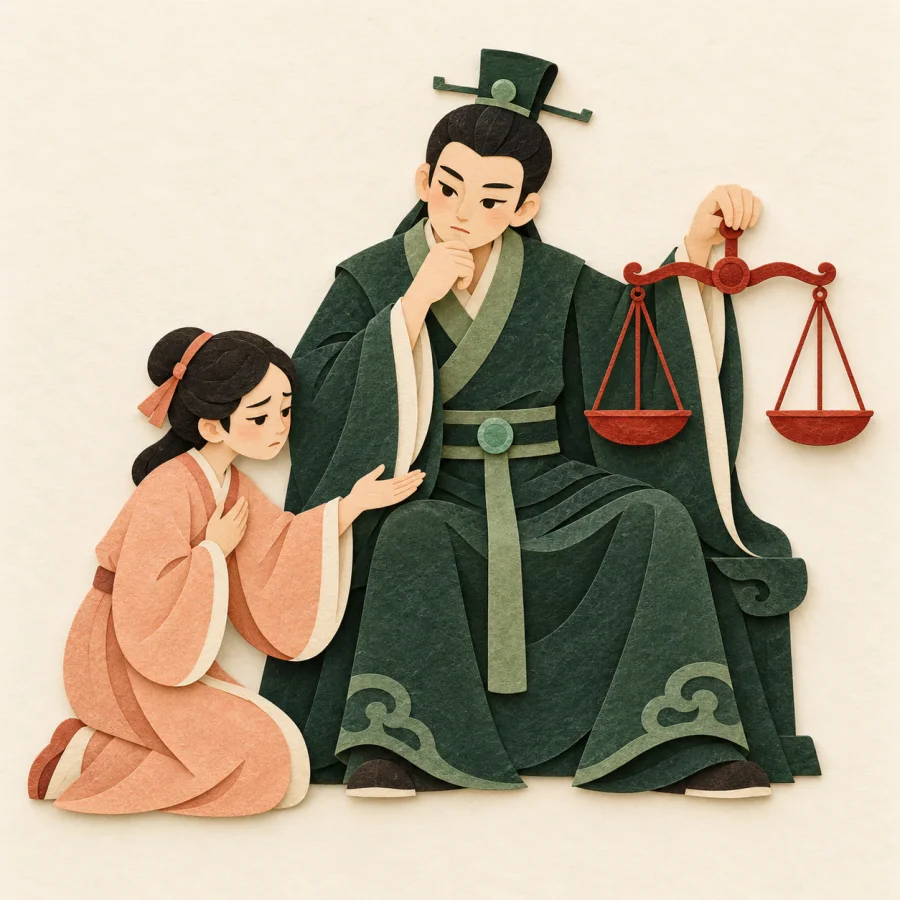 A fair judge with scales listens to a wrongly accused person