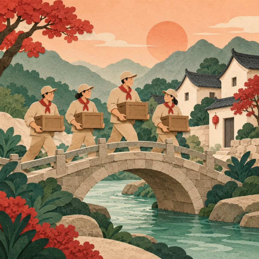 Volunteers carry supply crates across a bridge toward a small village
