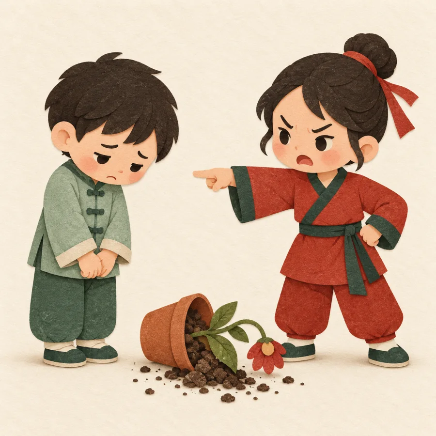 One child points accusingly at another sad child with bowed head