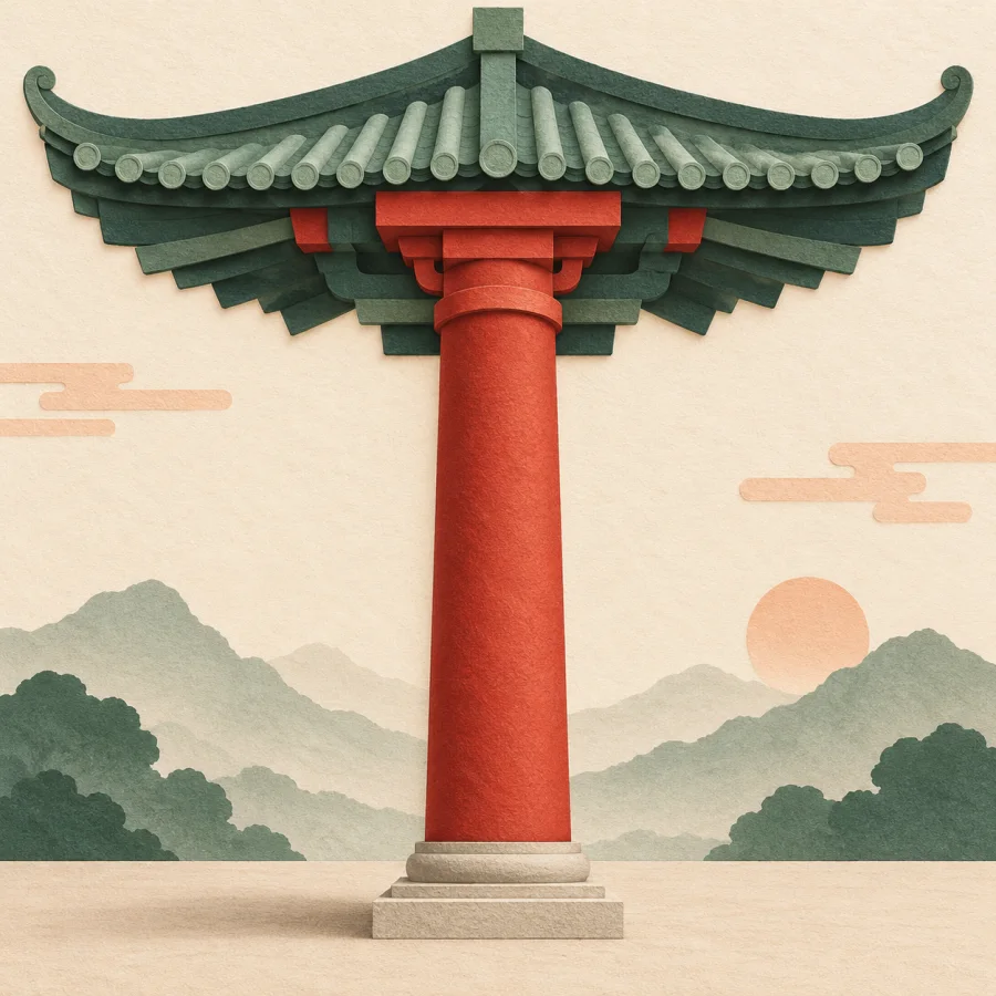 A tall red column firmly supporting the roof of a house