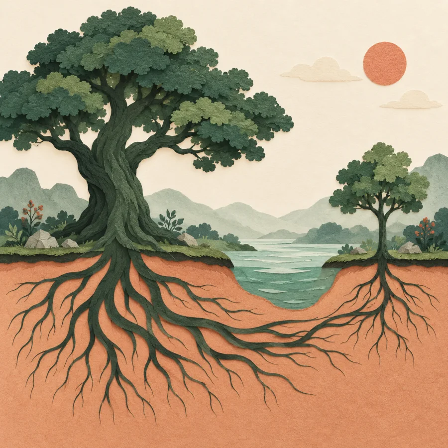 An old tree with long deep roots spreading beside a river