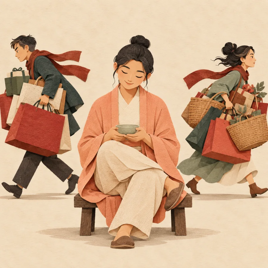 A calm person holding one small cup while others hurry past