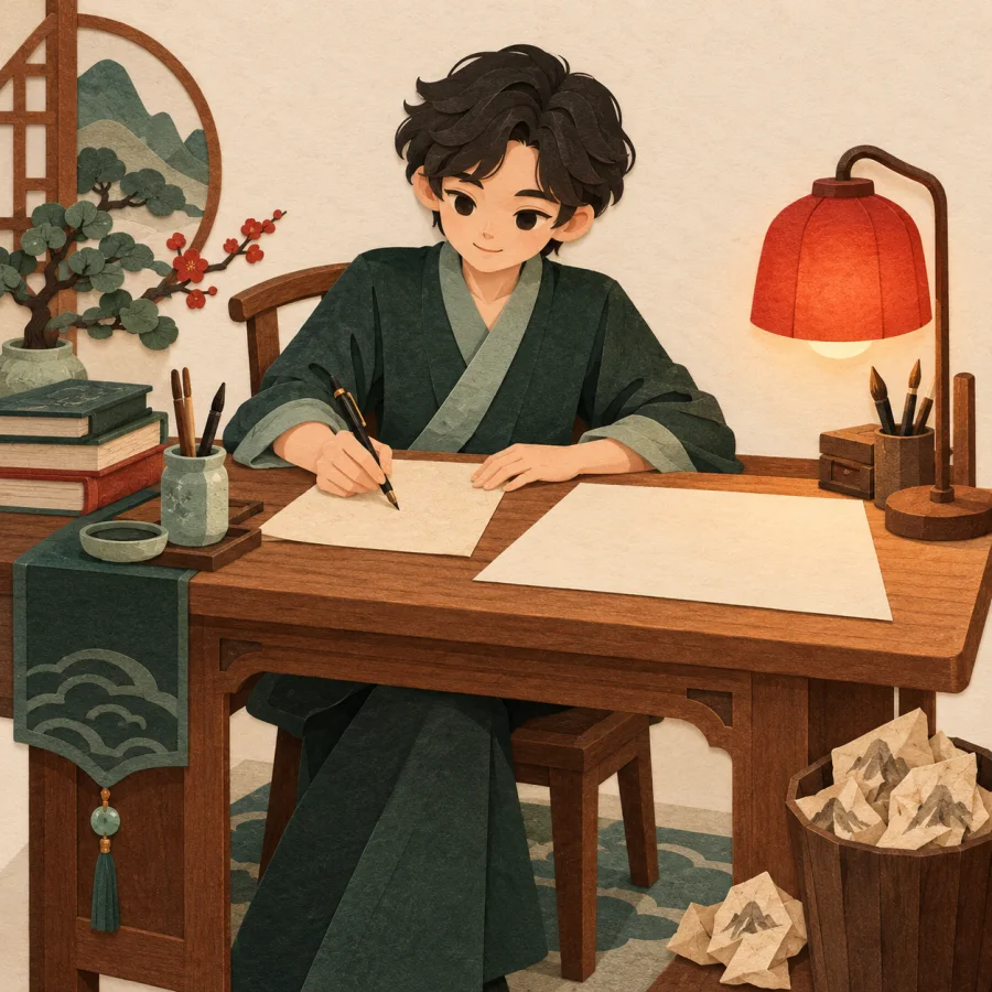 A person writing at a desk beside a blank canvas