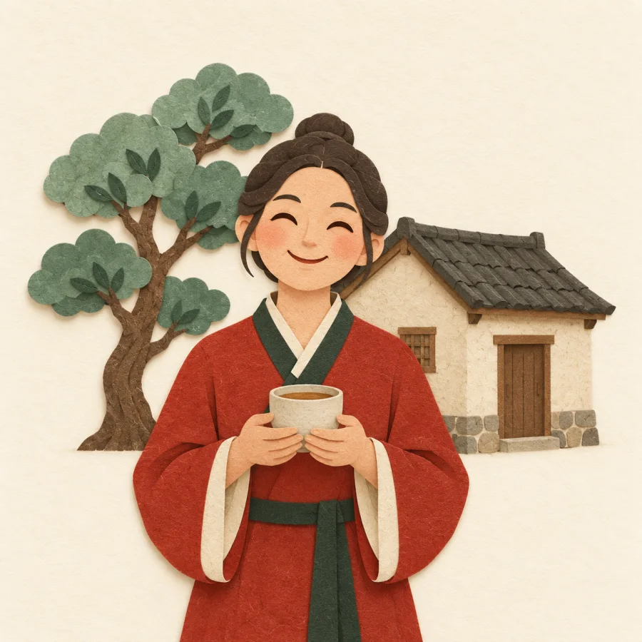 A person with a small cup of tea smiling under a tree