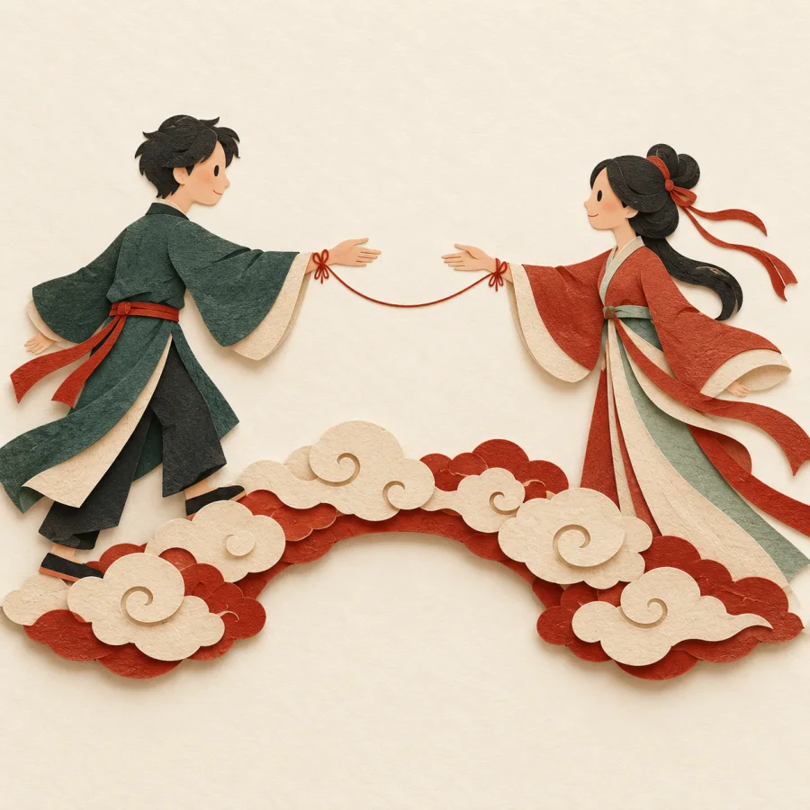 Two strangers reach toward one red thread connecting them