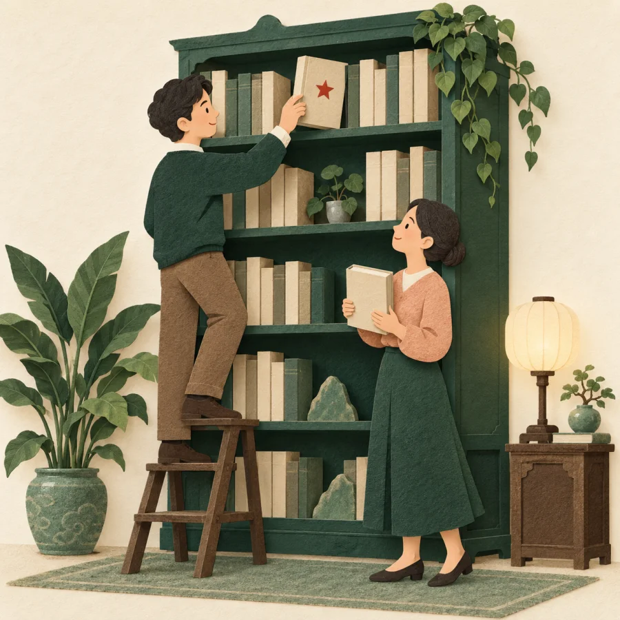 A person takes a book from a shelf marked with stars