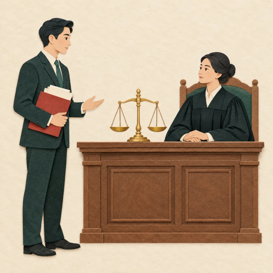 A person with papers stands before scales of justice on a table
