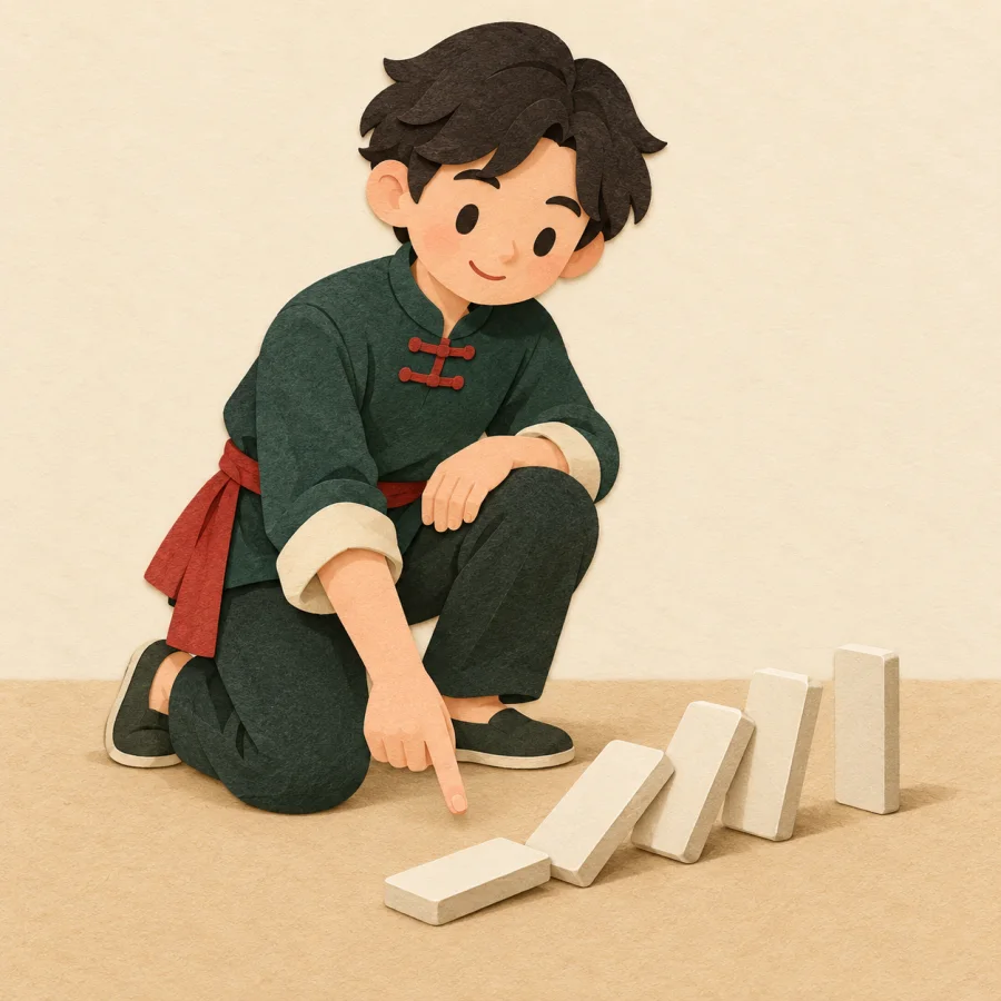A person points to a domino chain leading to a fallen tile