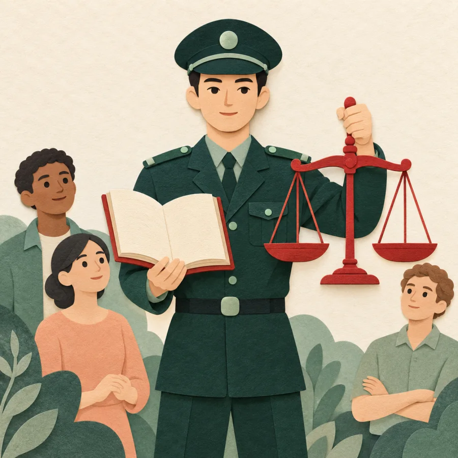 A uniformed officer with scales of justice before onlookers