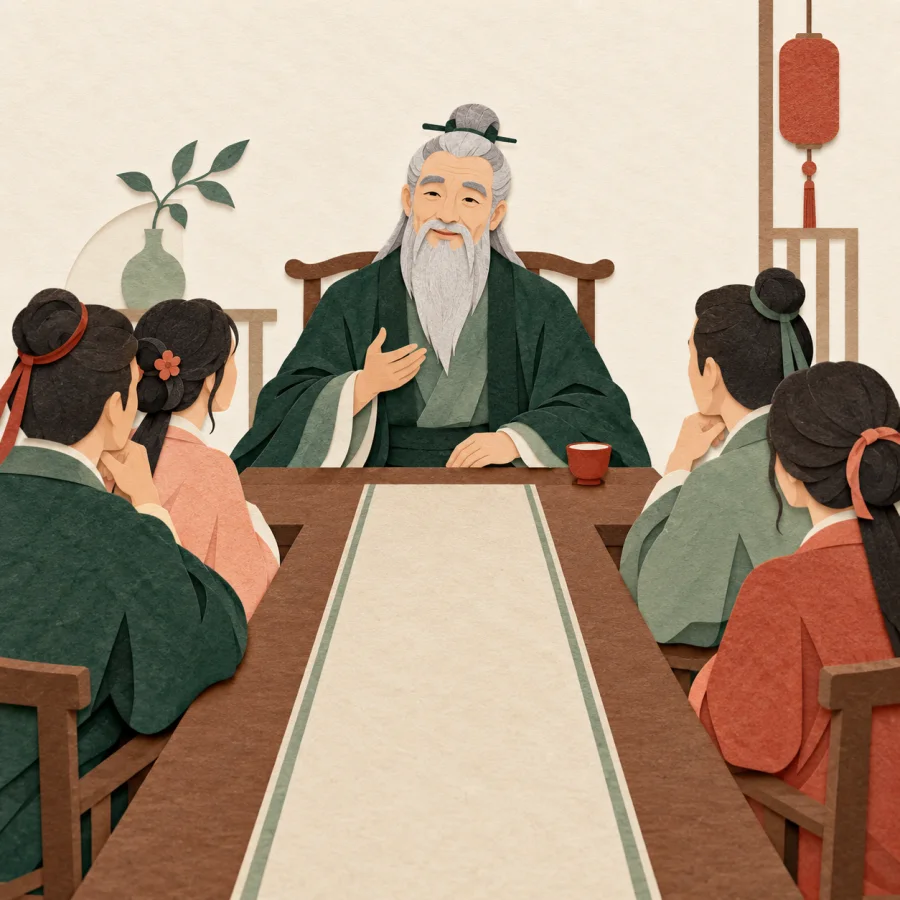 An elderly man leading a meeting at a long table