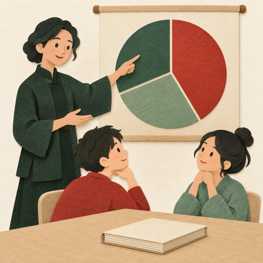 A teacher pointing at a colorful pie diagram for students