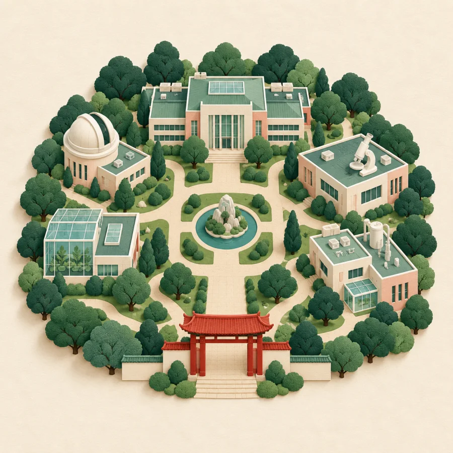 A view of a tidy business park among green trees