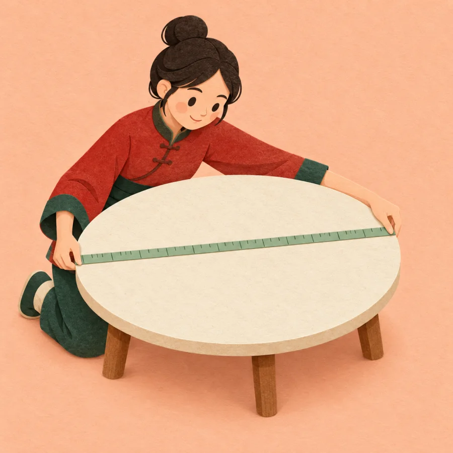 A person measuring a round table with a tape