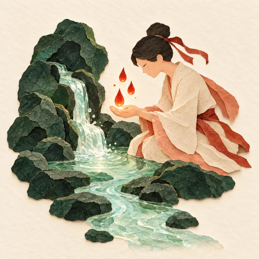 A mountain spring feeds a river while people draw ideas from it