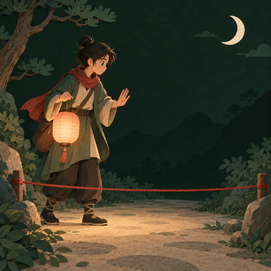A person with a lantern pauses cautiously before a rope