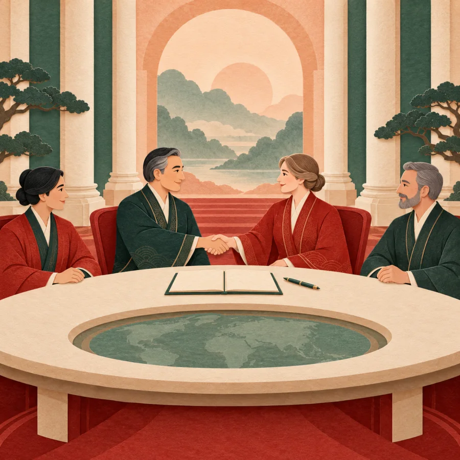 Leaders of different nations seated around a large round table