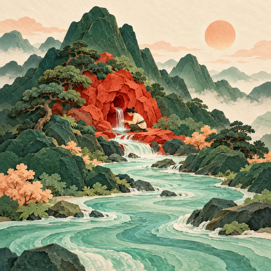 A river begins at a clear spring in deep green mountains