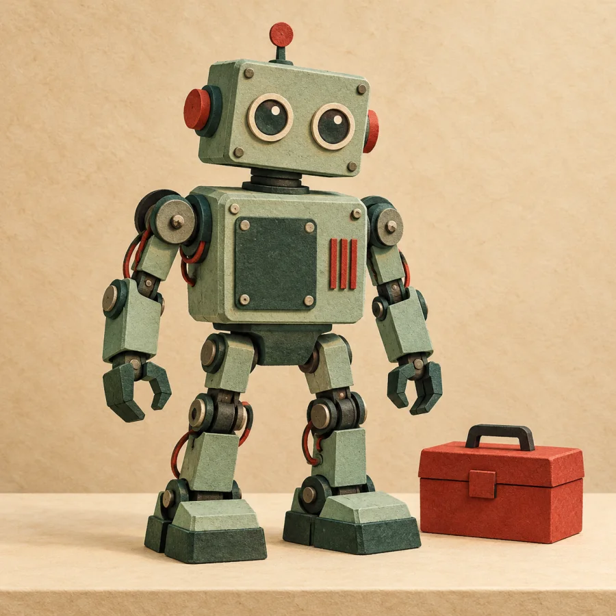 A rough first robot prototype stands on a workbench beside a small toolbox.