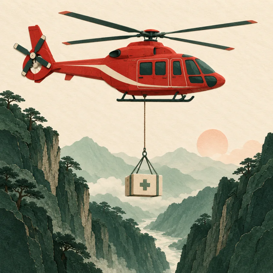A red helicopter lowers a medicine box above mountain cliffs.