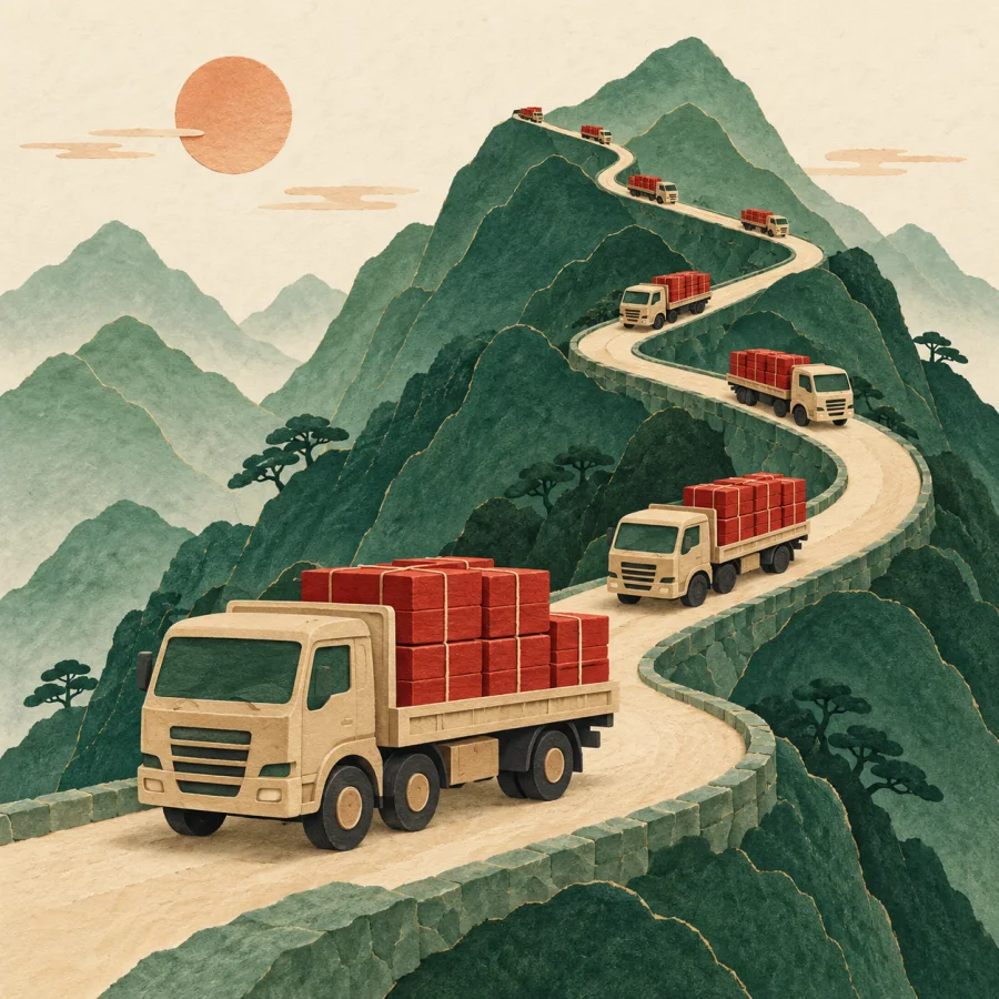 An endless line of trucks with supply boxes winds along a mountain road.