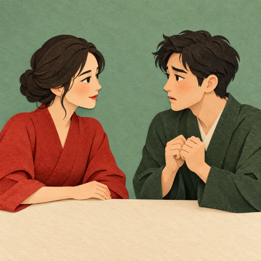 A person calmly looks a nervous companion straight in the eyes at a table.