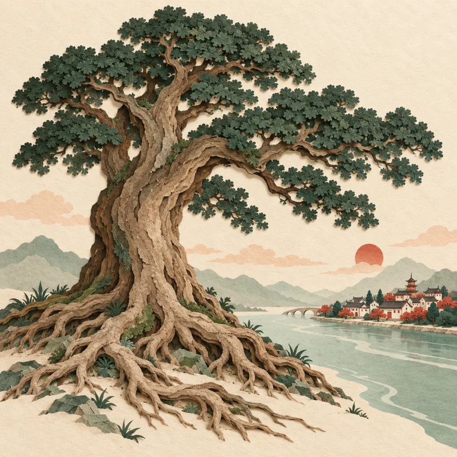 An old tree with deep roots and a distant riverside town