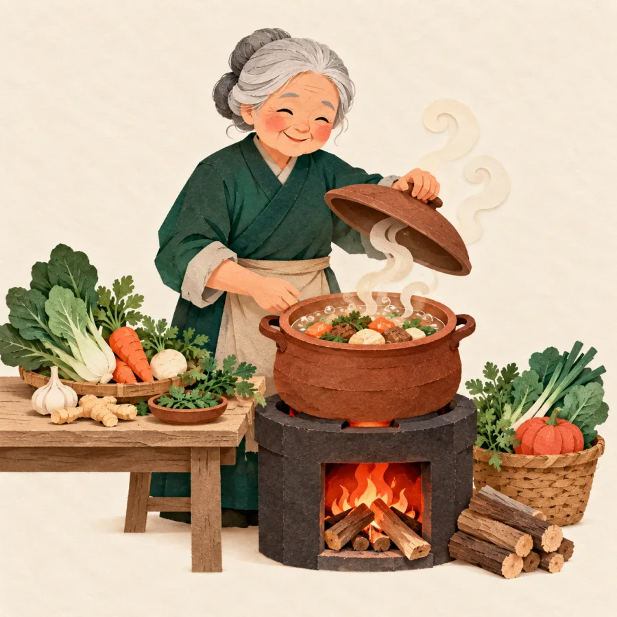 A grandmother lifts the lid off a clay pot of stew on a wood-fired stove