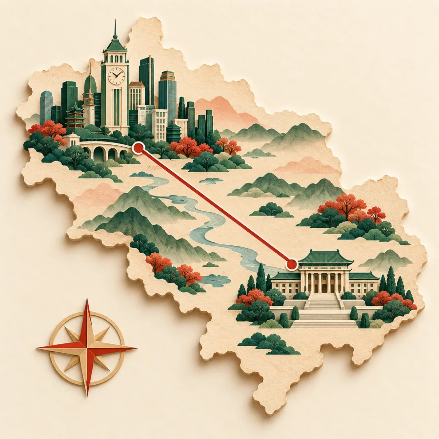 A straight red line joins a city skyline to a small central building on a map
