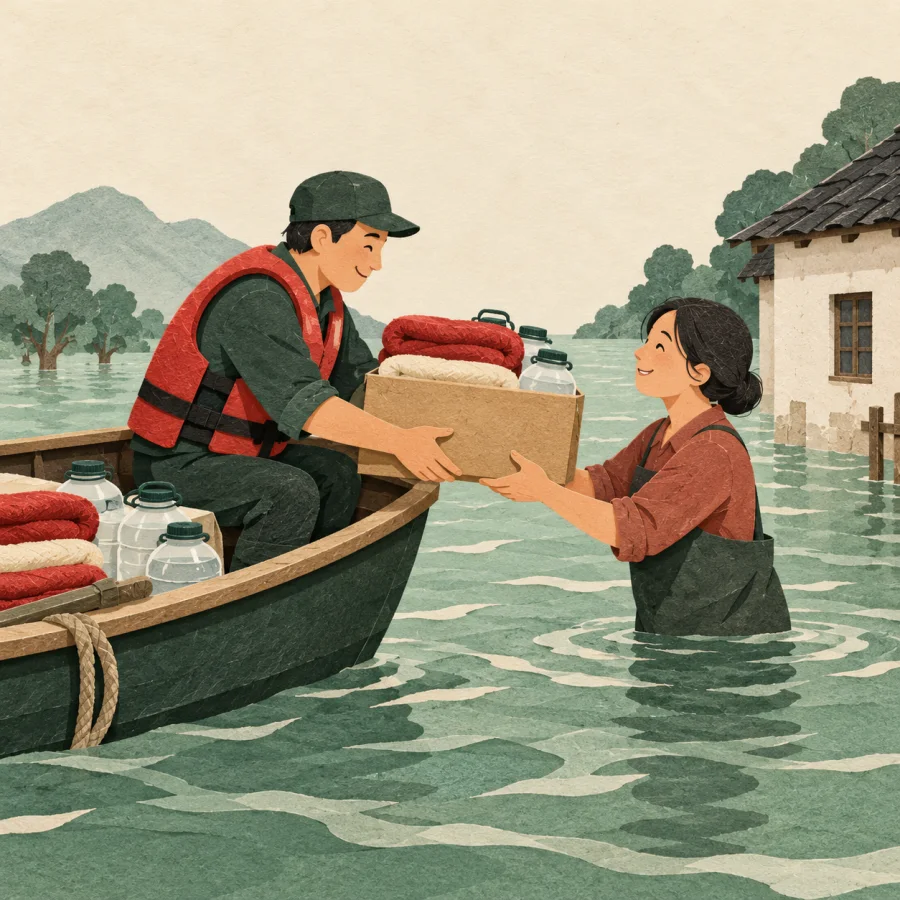 A person hands a box of supplies to a villager amid floodwater