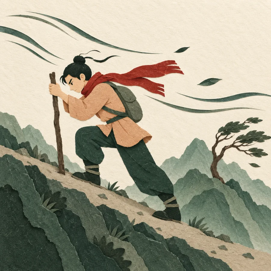 A stubborn traveler walks against strong wind along a mountain path