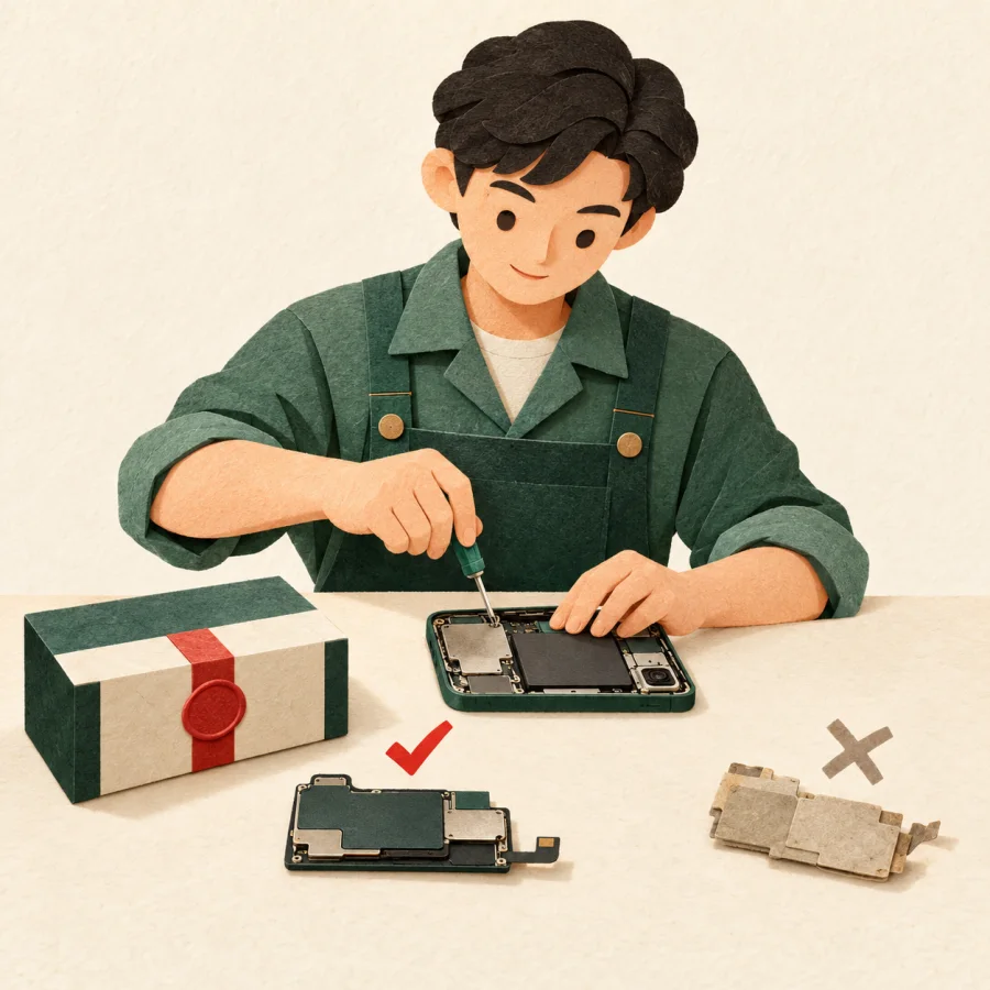 A repairperson compares a genuine part with a faded imitation part