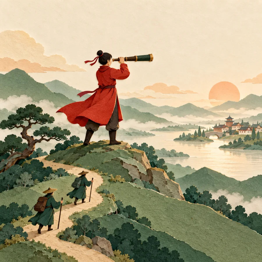 A person on a hilltop looks through a spyglass at a distant town below.