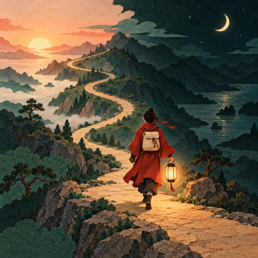 A traveler walks a long road at night, holding a lantern under the moon.