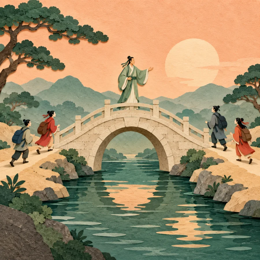 Visitors from different directions gather around a guide at an old bridge.