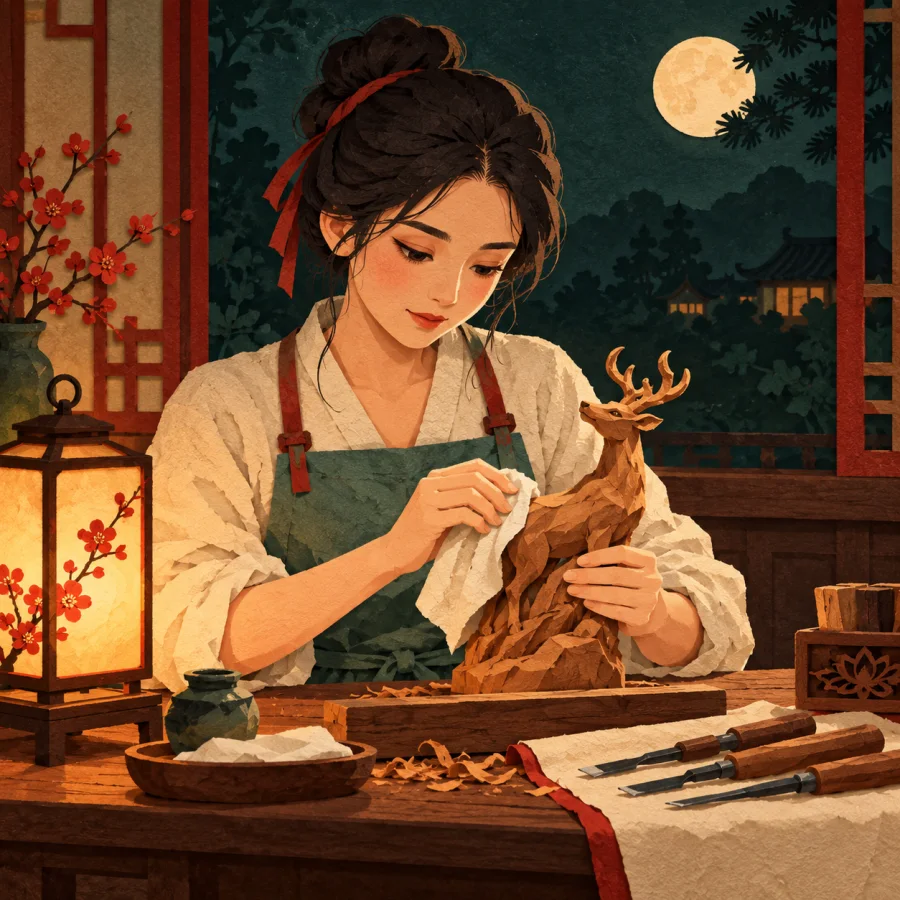 A focused craftswoman carves a small wooden sculpture by lantern light at night.