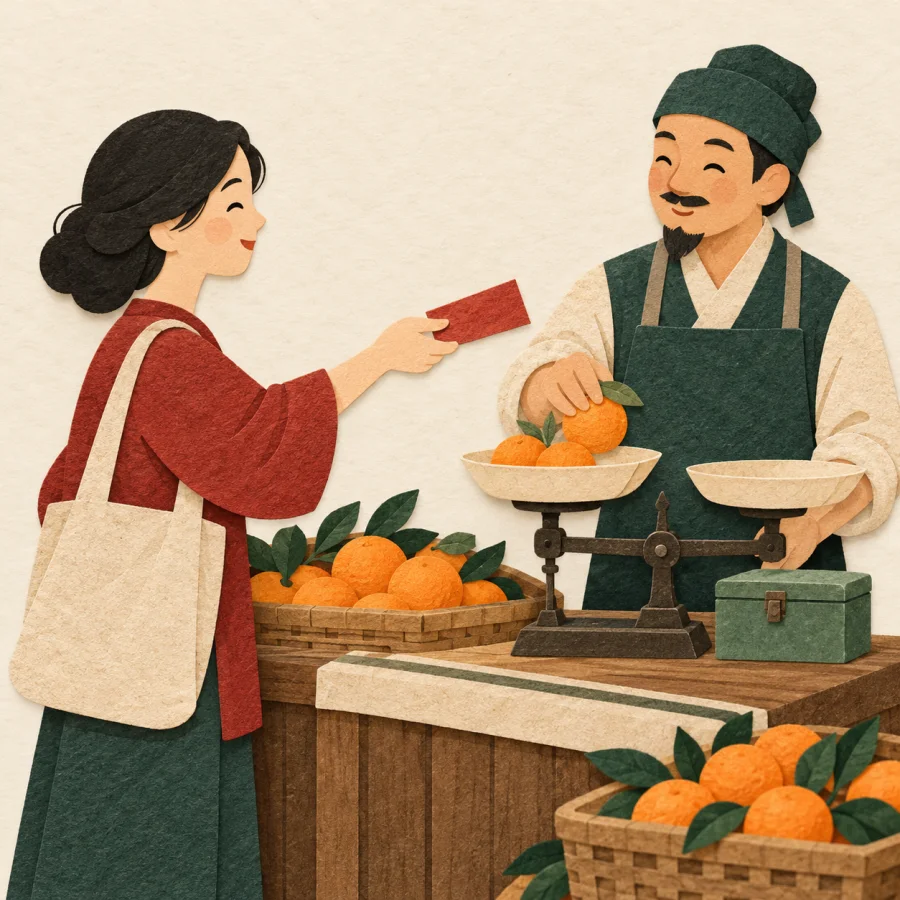 A shopper hands a red banknote to a fruit vendor at a stall